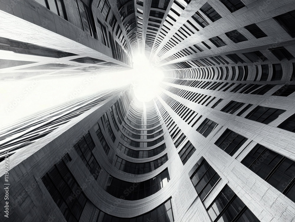 Aufkleber an upward view of modern architecture with dynamic light rays.