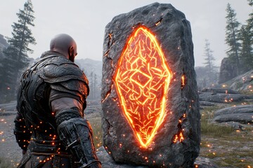 A dwarf forging a glowing runestone in a mystical workshop deep inside a mountain, with sparks flying all around