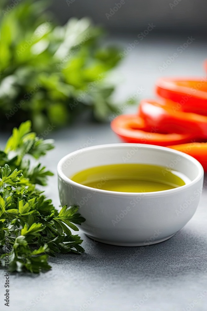 Poster Minimalist Table Setting With Fresh Herbs and Colorful Vegetables for a Culinary Delight
