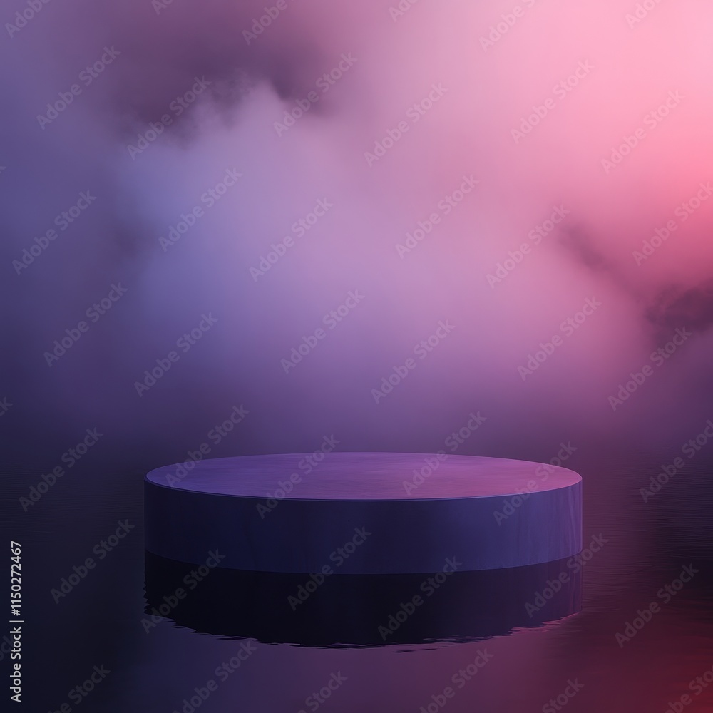 Poster mystical floating platform surrounded by colorful mist at dawn in an ethereal landscape
