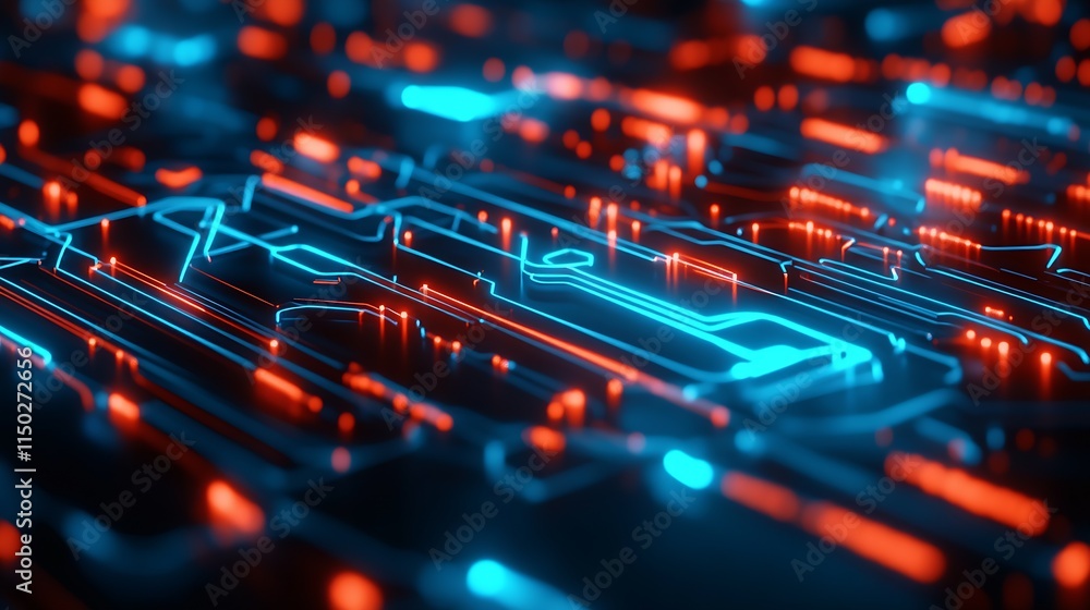 Poster Abstract Neon Circuit Pattern in a Futuristic Digital High-Tech Visualization : Generative AI