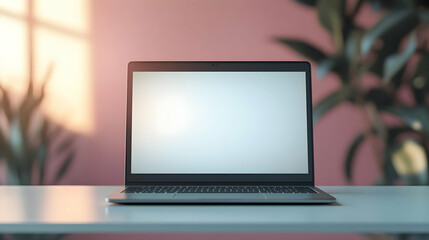 Glossy Laptop with Blank Screen on Minimalist Desk for AI Business Marketing Concept