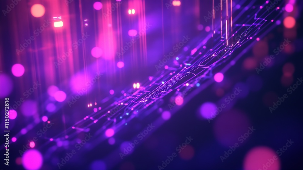 Poster Futuristic Purple Digital Circuitry with Glowing Lines and Bokeh Lights Background : Generative AI