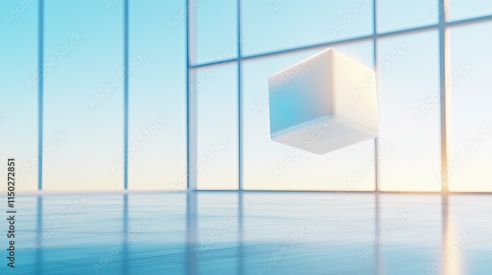 Aufkleber Glowing Cube Defies Gravity in Serene Empty Room With Tranquil Ambiance and Soft Illumination