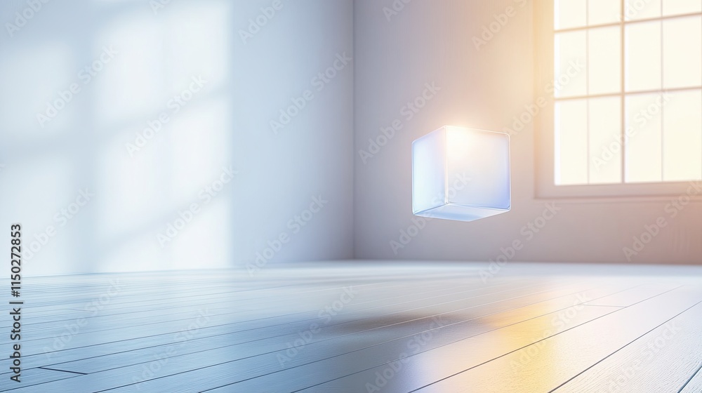 Poster Floating Cube Illuminates an Empty Room With a Soft Glow at Sunrise
