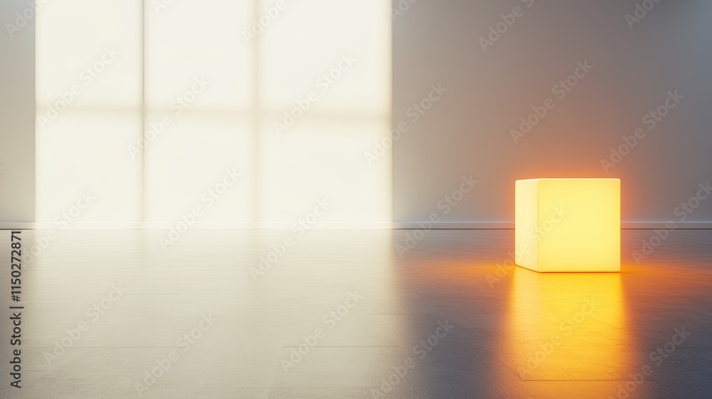 Poster floating cube illuminates a serene empty room with soft, warm light at dusk