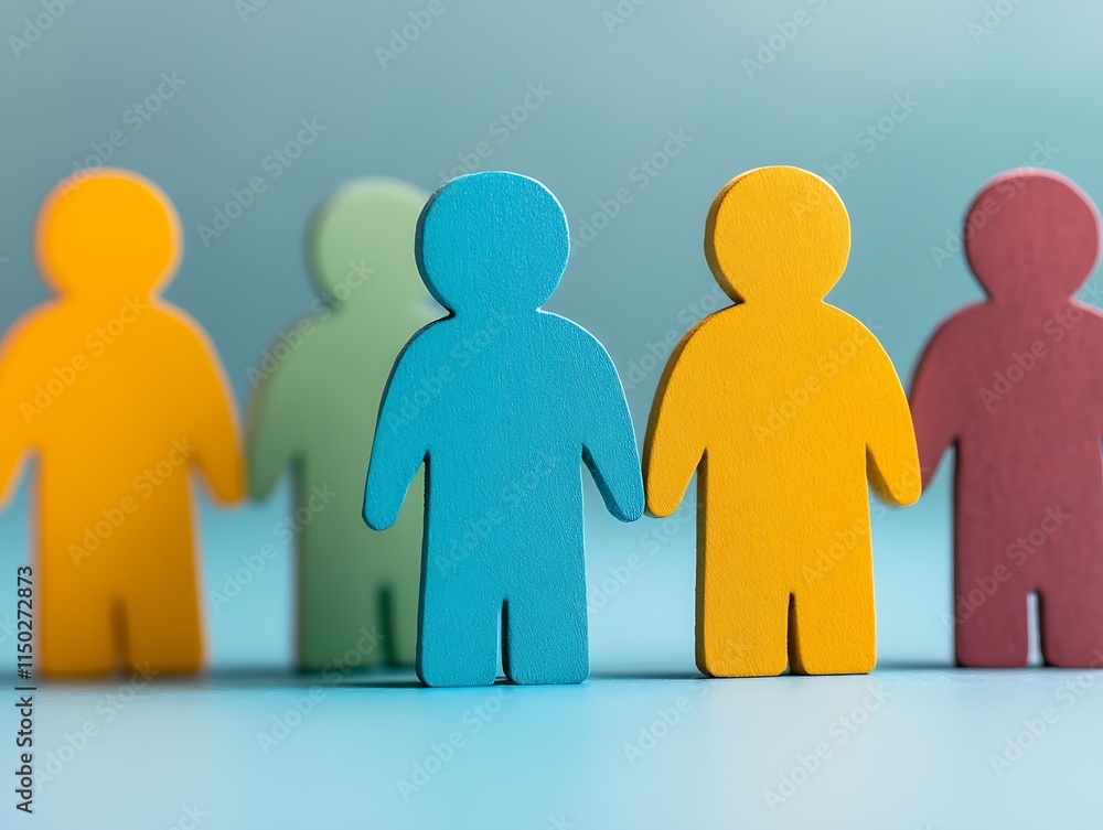 Poster collection of five colorful paper figures representing team diversity and unity : generative ai