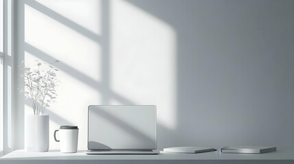 Minimalist Workspace with Laptop Coffee Notebook on Plain Background for Business Education Remote Work