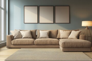 Modern Sectional Sofa in Beige Living Room Interior