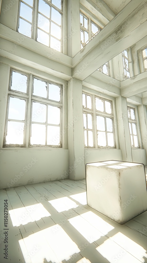Poster floating cube radiates soft light in a serene, empty room filled with natural light and reflections