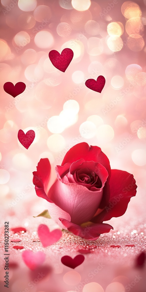 Poster romantic red rose with heart accents on soft pink bokeh background perfect for valentine's day : gen