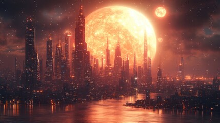 A futuristic cityscape under a large, luminous moon and stars, creating a surreal atmosphere.