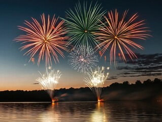Spectacular Fireworks Display over Serene Lake at Night