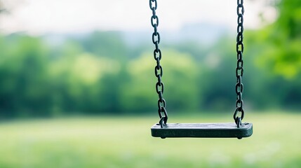 Empty Swing Sways Gently Amid Lush Greenery on a Tranquil Afternoon
