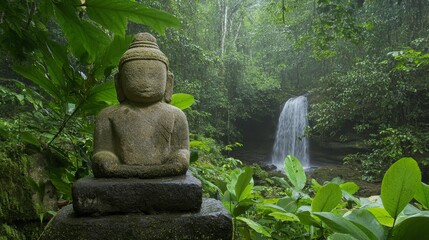 Obraz premium Temple Ruins Waterfall Lush Foliage Serenity - Serene Buddha statue amidst lush jungle, cascading waterfall, ancient temple ruins, tranquility, nature's peace.