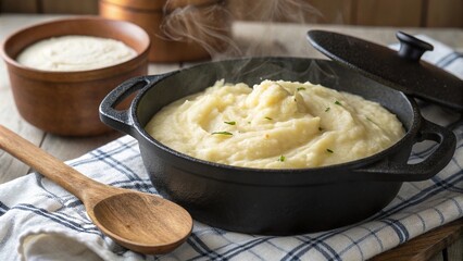 Warm aligot served in a cast iron pot with wooden spoon on kitchen table