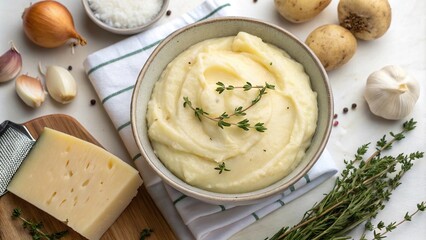 Delicious aligot featuring garlic and melted cheese displayed from an overhead perspective
