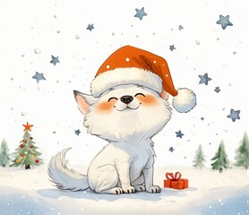 Cute puppy in a red Santa Claus hat, background winter landscape and Christmas tree.For winter holidays, Christmas and New Year. For postcards, printing on clothes, shoppers, Design for shopping ads.