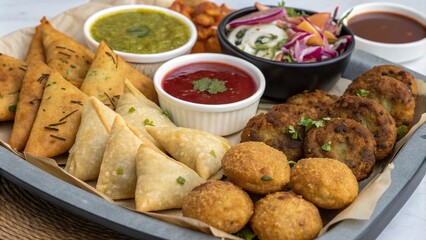 Delicious aloo tikki and assorted snacks plated beautifully for an inviting sharing experience