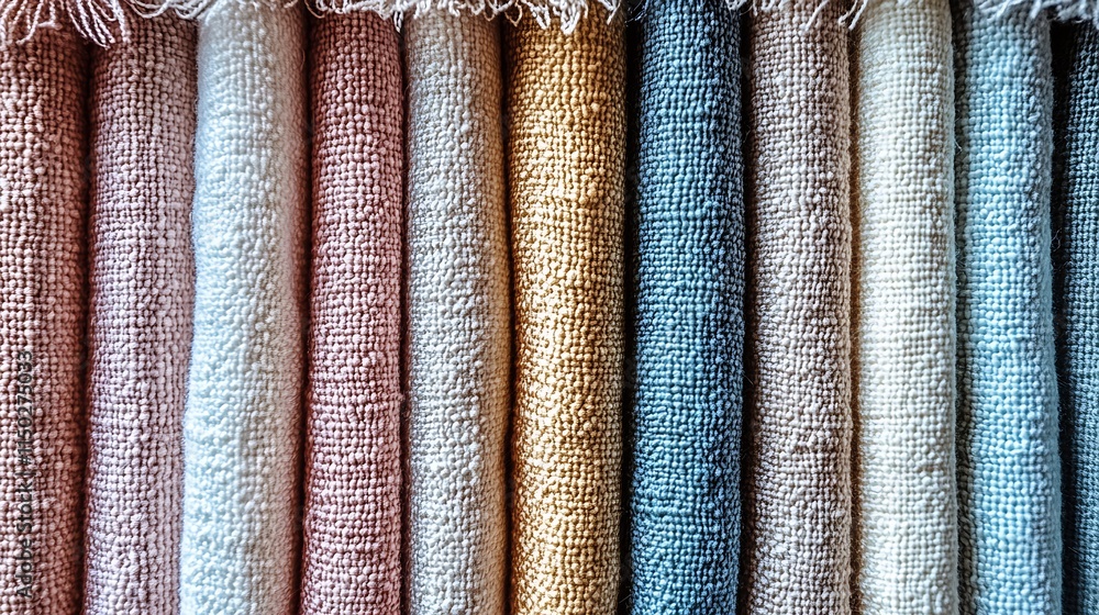 Poster Colorful Array of Textured Pastel Fabric Rolls in Varied Juxtaposed Textiles : Generative AI