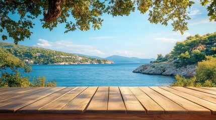 Wooden table on the background of the sea, island and the blue sky. High quality photo