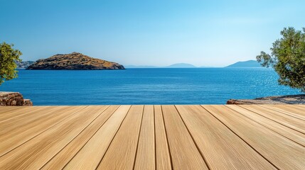 Fototapeta premium Wooden table on the background of the sea, island and the blue sky. High quality photo