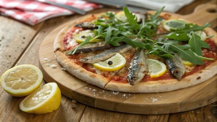 Delicious artisan pizza topped with anchovies and fresh arugula on a rustic wooden board