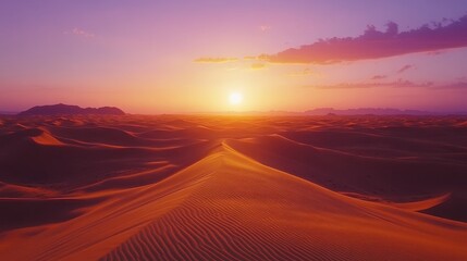 Endless desert dunes glowing under the ethereal light of a sunrise, with a vivid sky transitioning from deep purple to fiery orange. A symbol of resilience.