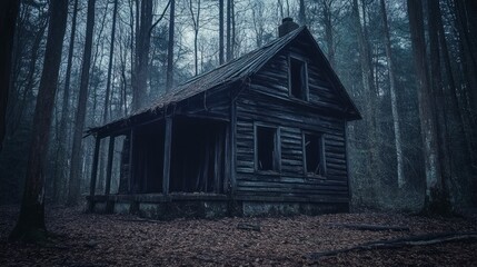 Obraz premium old wooden cabin at the edge of a dense, eerie forest known as the Black Woods. 