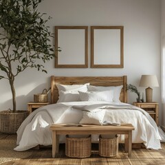 Cozy and Inviting Bedroom Featuring Natural Wood Elements, a Serene Color Palette, and Decorative Touches in a Bright, Sunlit Space