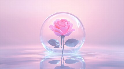 Pink rose encased in a delicate glass orb over a reflective surface. Elegance and purity concept