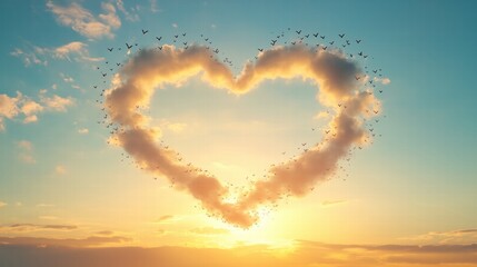 Naklejka premium Heart-shaped cloud surrounded by birds during a vibrant sunset. Love and nature theme