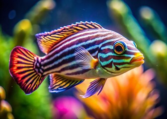 Vibrant Zebra Fish Close-Up in Aquarium - Striking Stripes & Copy Space