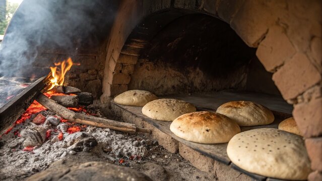 Traditional aish baladi baking in a clay oven with glowing embers and freshly baked bread