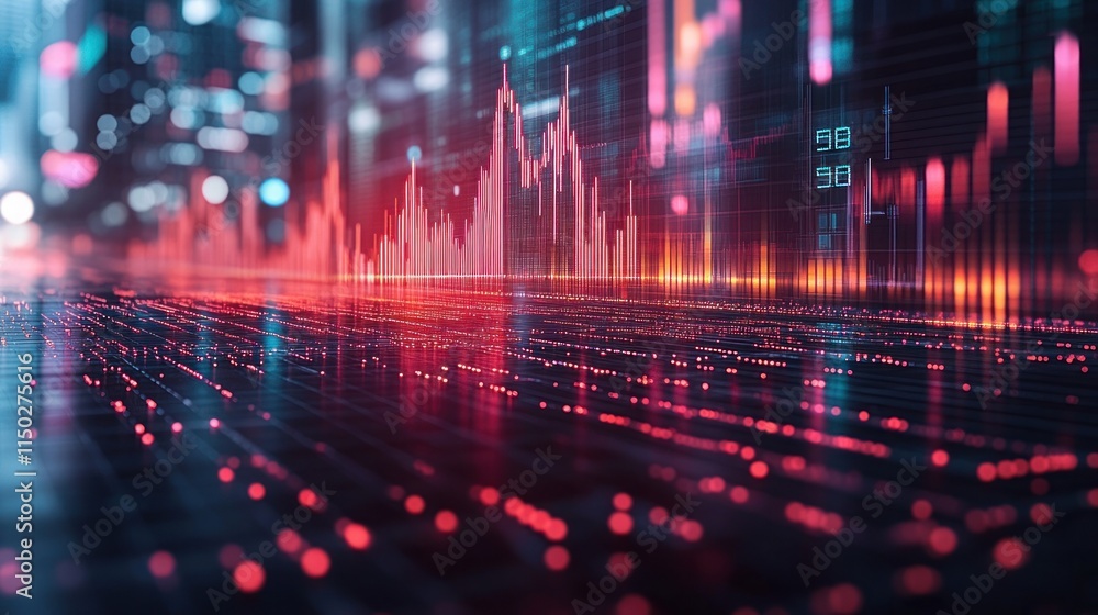 Poster abstract digital data visualization with glowing lines and graphs depicting stock market fluctuation