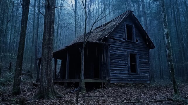 old wooden cabin at the edge of a dense, eerie forest known as the Black Woods.