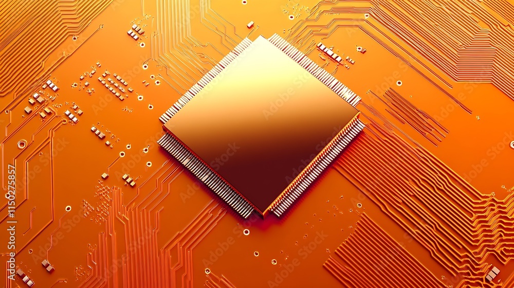 Poster Intricate orange semiconductor chipset depicting advanced technological hardware and electronic complexity : Generative AI