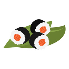 Illustrations of seafood dishes, sushi, fish and dumplings on wooden trays. Asian or Chinese food