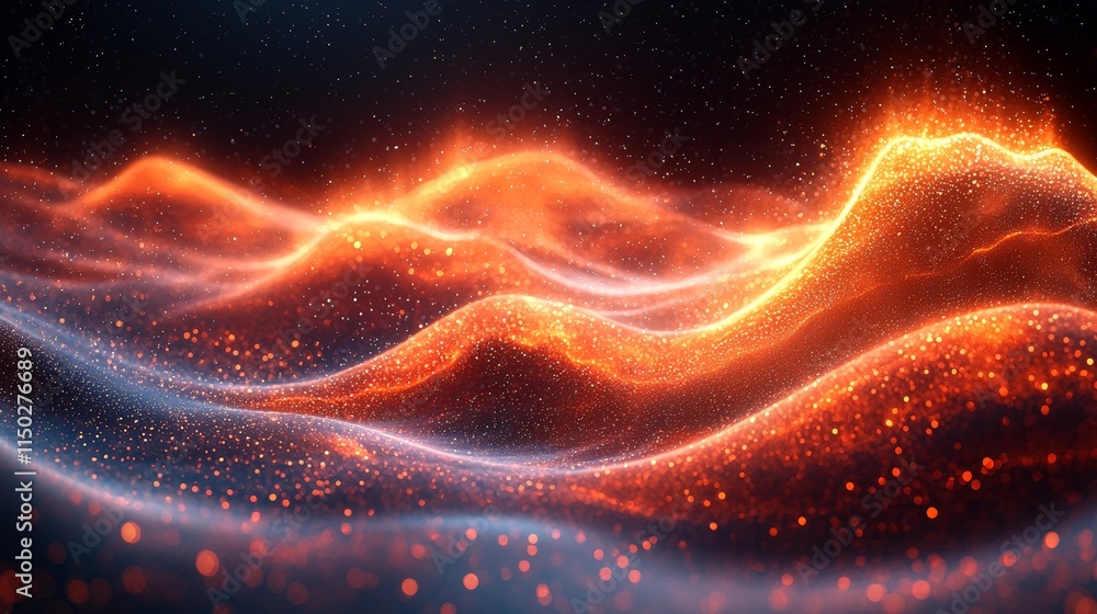 Poster dynamic waves of glowing light illuminate the dark landscape in an abstract representation of energy