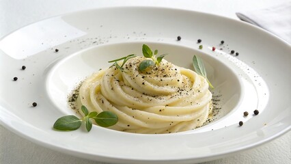 Minimalist aligot dish offered on a delicate white plate with seasonings and garnish at a contemporary bistro