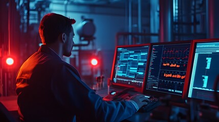 Engineer analyzing live industrial data in dimly lit room, red alert lights flashing.