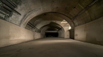 Obraz premium Underground Concrete Tunnel - Dark, mysterious, expansive, arched tunnel; concrete walls, dim lighting, sense of mystery.