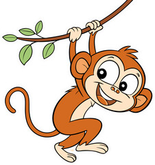 Playful Cartoon Monkey Hanging from Branch - Orange, Cute.
