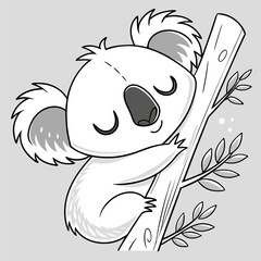 Adorable Sleeping Koala Coloring Page: Monochrome Cartoon Animal Illustration.