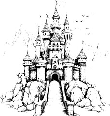 Majestic fairytale castle sketch with birds in flight.