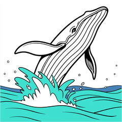 Humpback Whale Breaching - Line Art - Ocean - Turquoise - Kids.