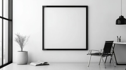 Large blank frame in a minimalist office with sleek furniture