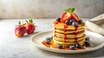 A Delicious Stack of Buttery Pancakes Topped with Fresh Strawberries and Blueberries, Drizzled with Sweet Syrup on a White Plate