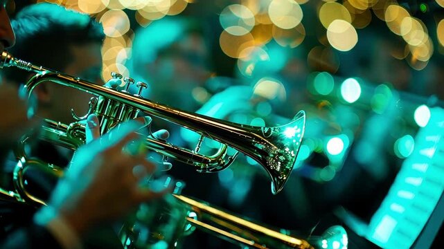 The brass section shines in metallic hues while the woodwind instruments produce beams of light in shades of green and blue.