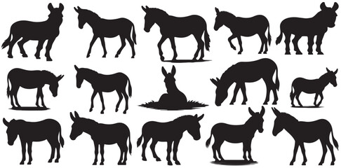 Donkey silhouettes set. Donkey Silhouettes in Different Poses. Silhouettes of donkey vector